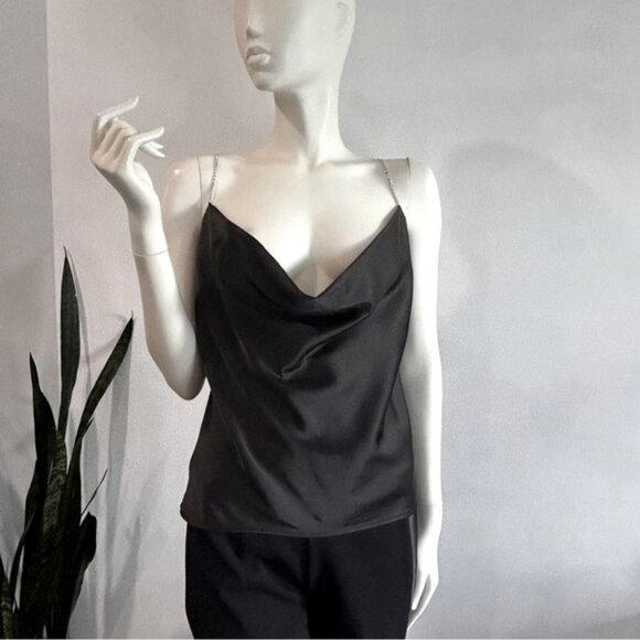 NWT House of Harlow Black Satin Cowl Camisole With Rhinestone Straps - Picture 9 of 13